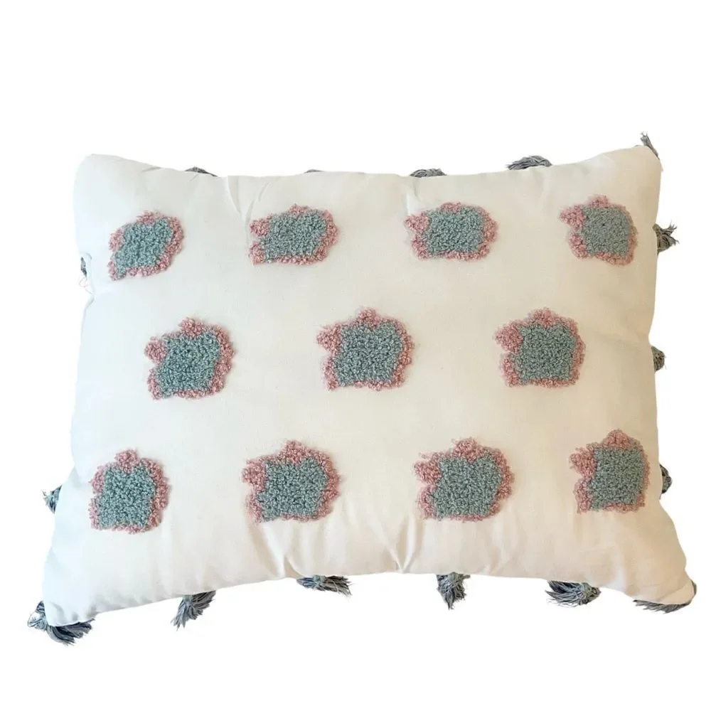 Small Decorative Rectangle Throw Pillow with Clouds and Pompoms